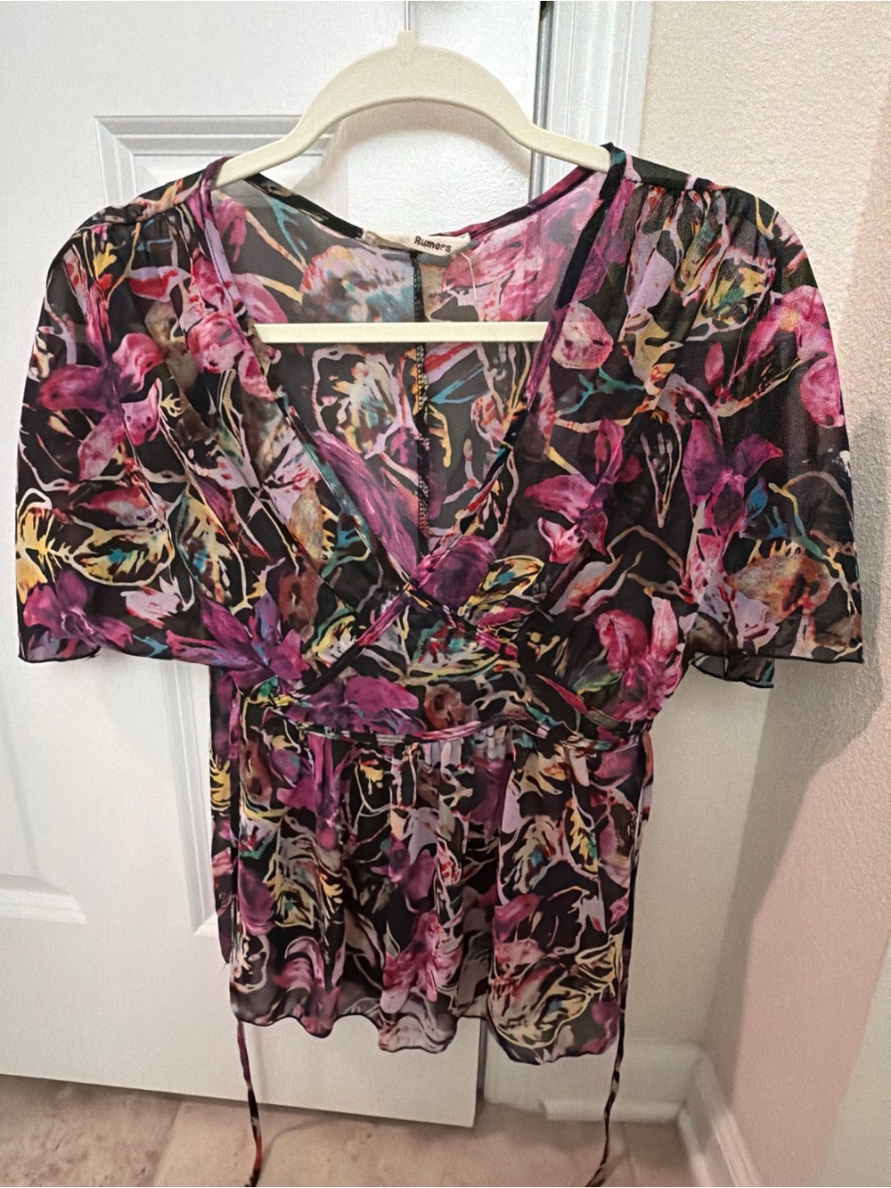 Women's Floral V-Neck Sheer Blouse - Pink on Black